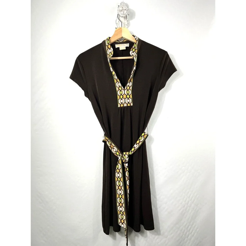 Michael Kors Mini Dress Small‎ Belted 90s Y2K Disco V-Neck Chocolate Brown